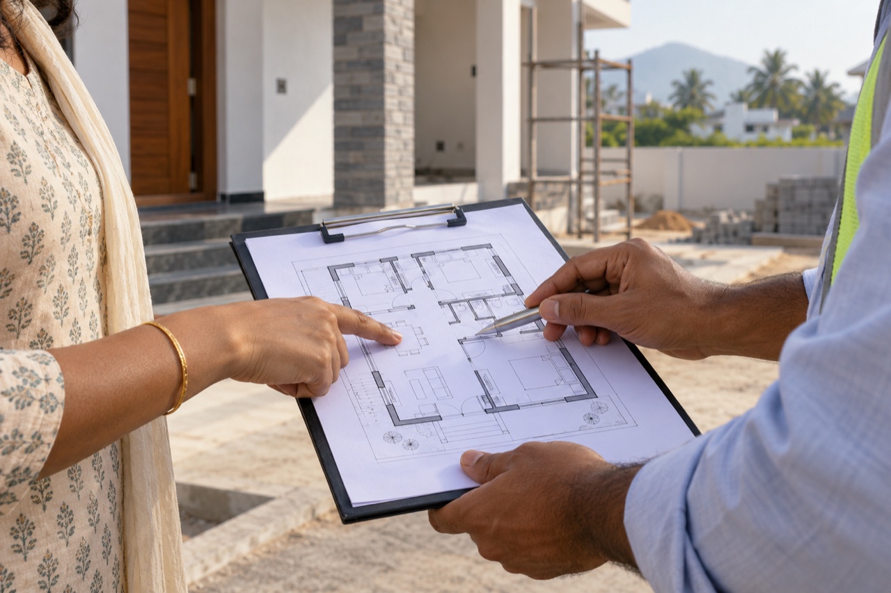 Homeowner and construction professional reviewing a house plan at the site