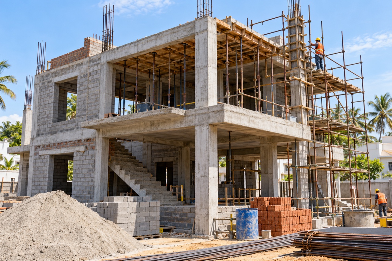 Residential building structure under construction with orderly scaffolding