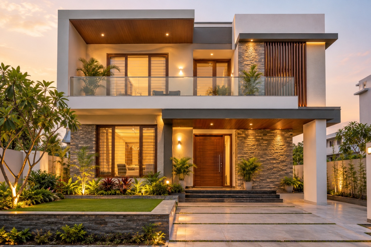 Completed modern two-storey home with a finished entrance and garden