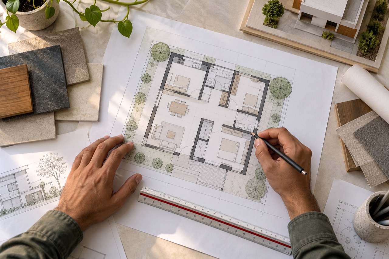 Architect planning a home layout with drawings and material samples