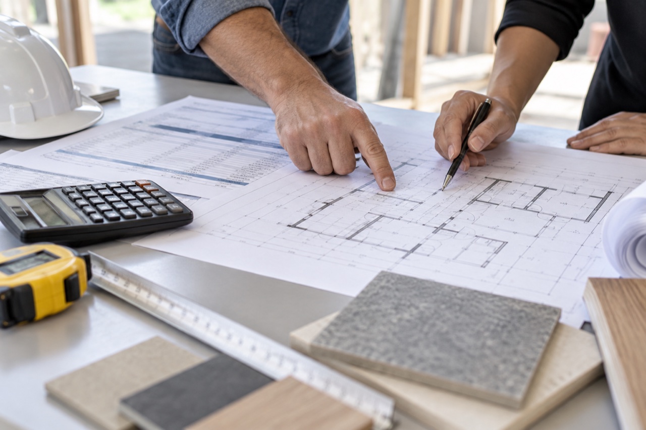 Construction plans and estimate reviewed with a calculator and material sample