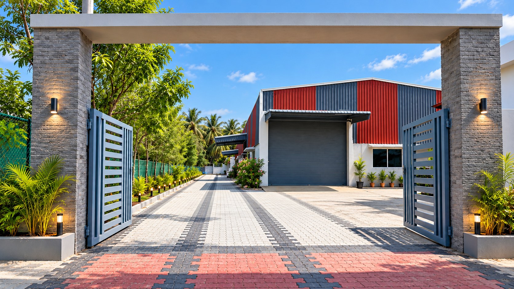 Completed MG Construction commercial warehouse with a clean landscaped entrance