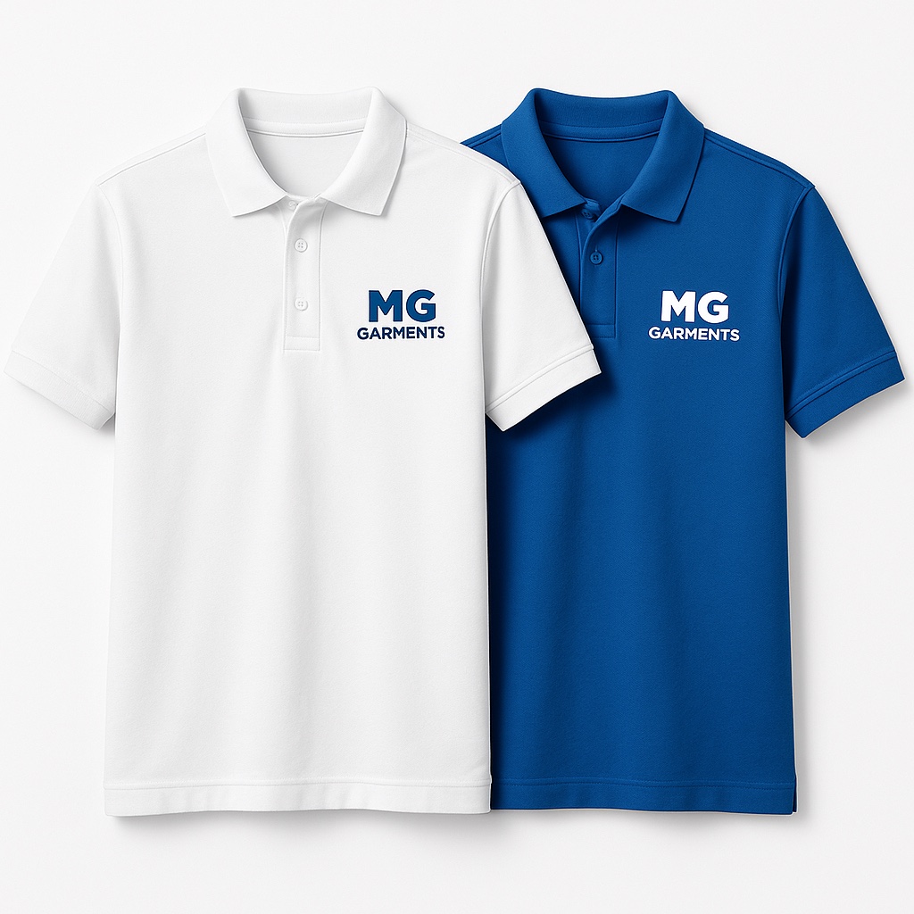 MG Garments navy and white polo shirts