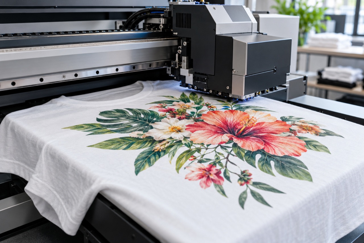 Direct-to-garment printer laying a detailed floral design on a cotton T-shirt