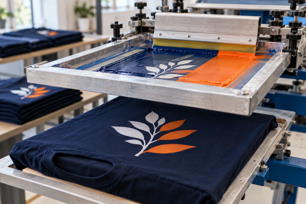 Screen printing press applying ink to a navy cotton T-shirt