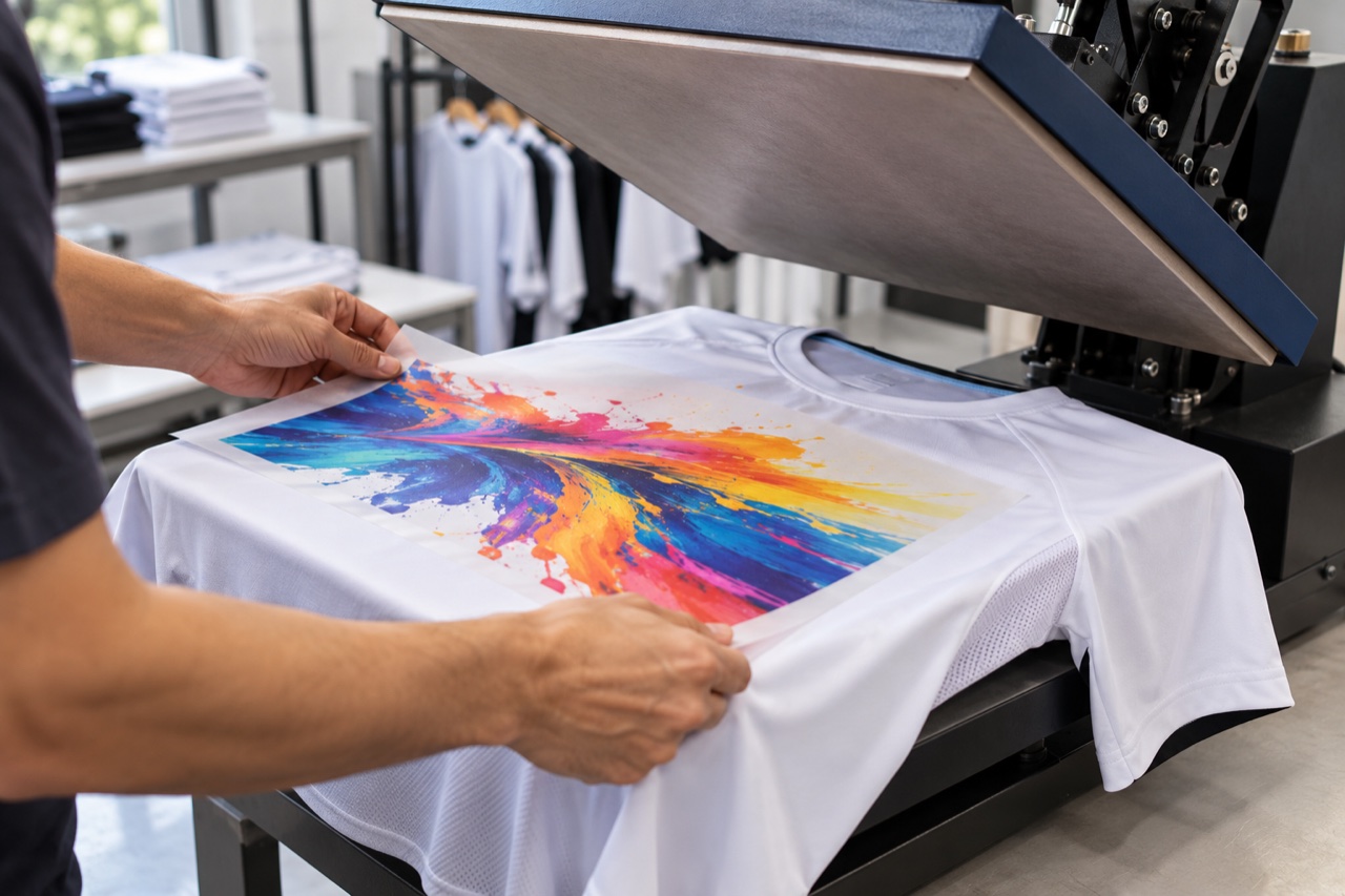 Heat press transferring a colourful design to a white polyester sports shirt