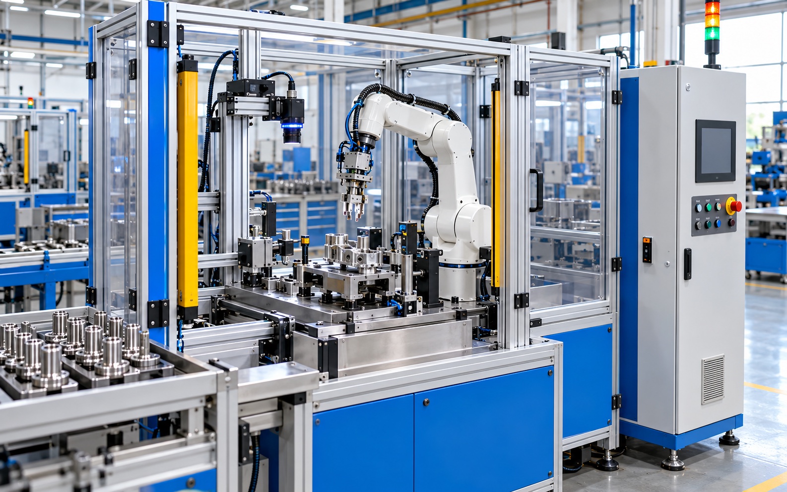Guarded industrial automation cell with robot, fixture and inspection camera