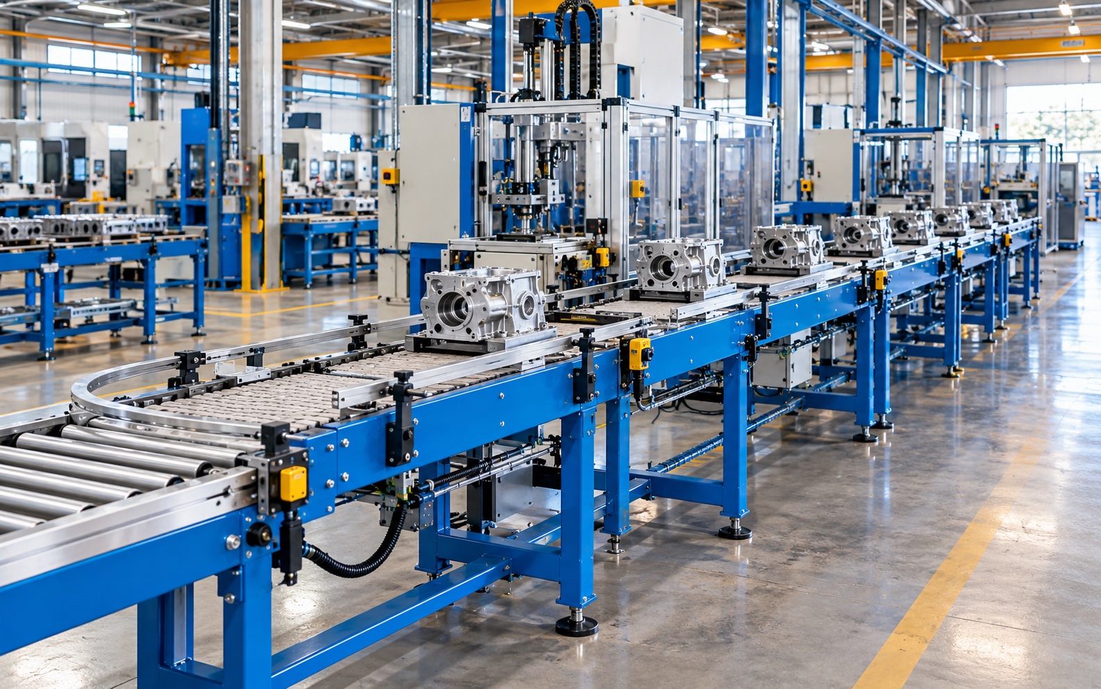 Blue modular conveyor moving machined components between stations